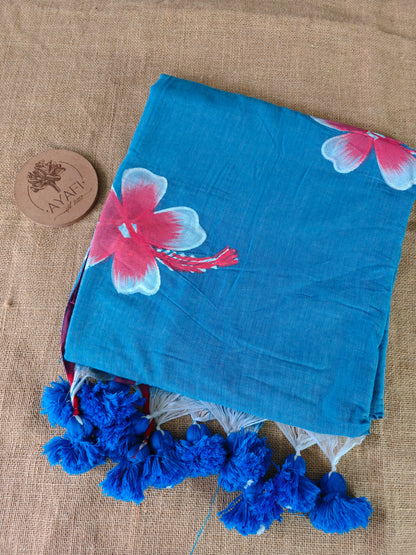 Blue Sunflower Hand-Painted Saree