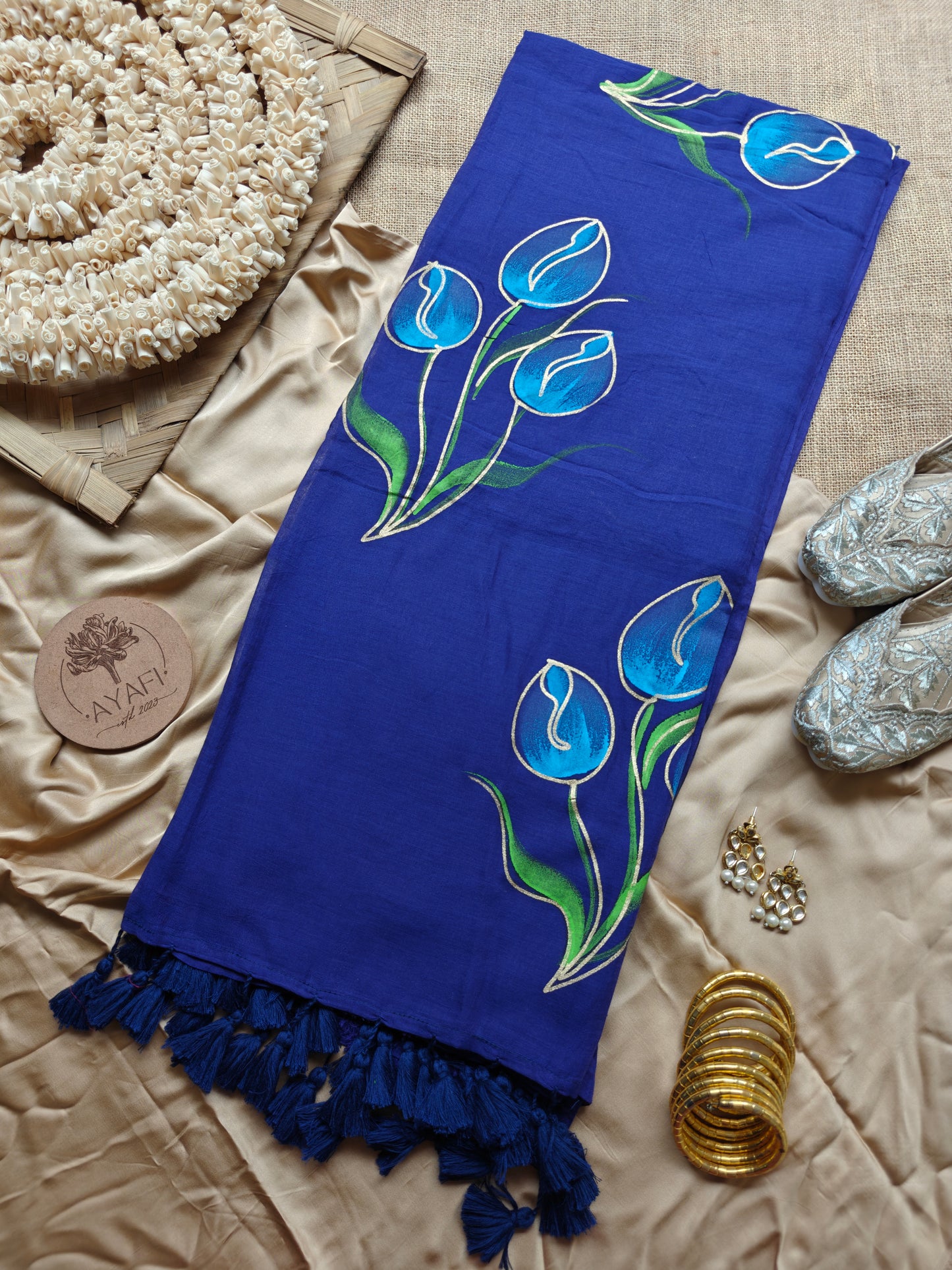 Midnight Blue Tulip Bouquet Hand-Painted Saree