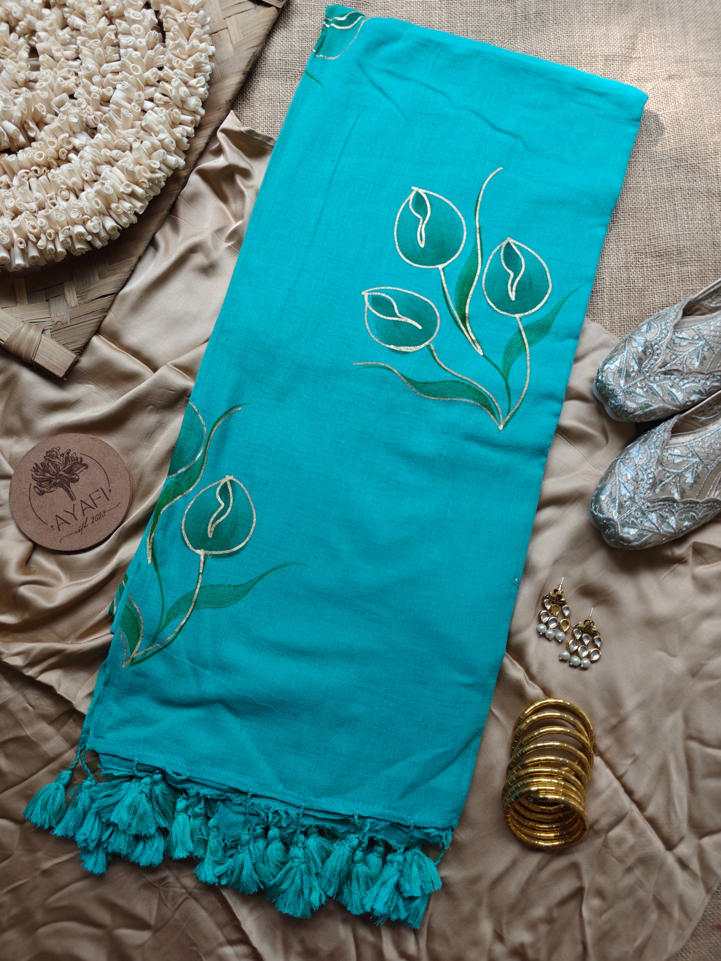 Aqua Tulip Bouquet Hand-Painted Saree