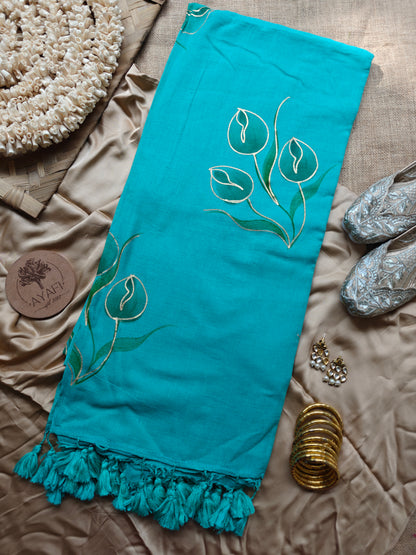 Aqua Tulip Bouquet Hand-Painted Saree