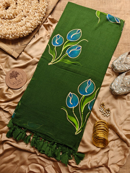 Olive Branch Tulip Bouquet Hand-Painted Saree