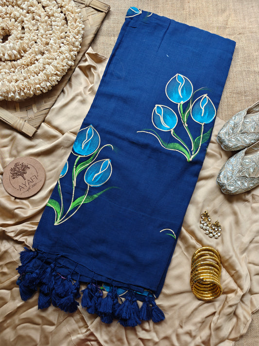 Royal Blue Tulip Bouquet Hand-Painted Saree