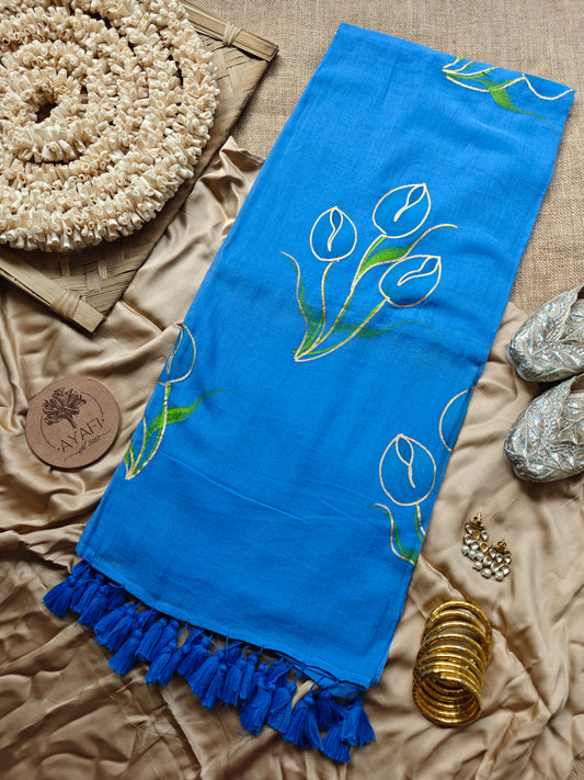 Denim Blue Tulip Bouquet Hand-Painted Saree