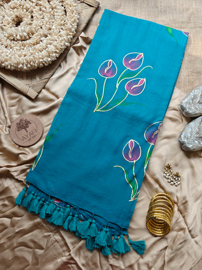 Teal Tulip Bouquet Hand-Painted Saree