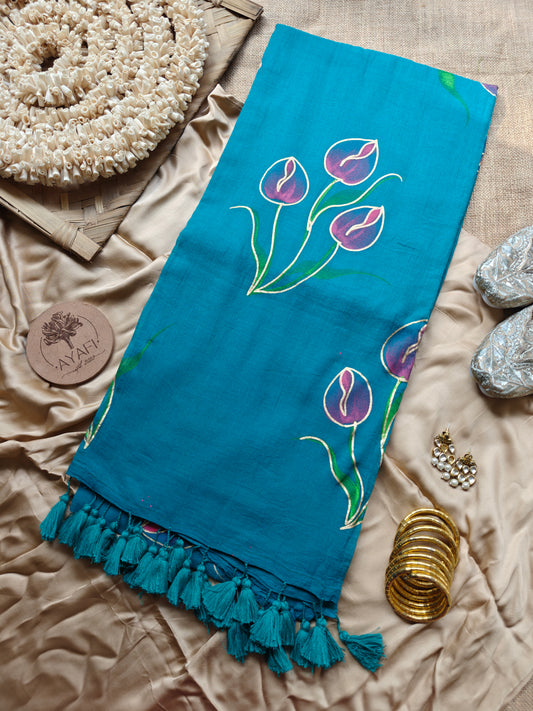 Teal Tulip Bouquet Hand-Painted Saree