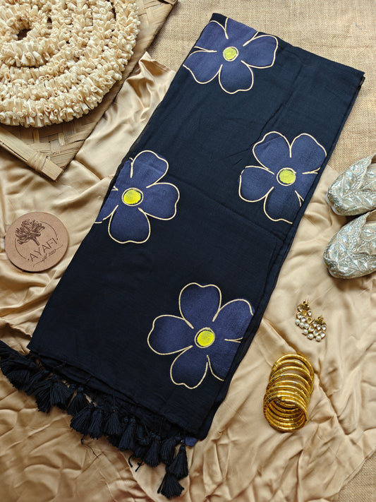 Noir Hibiscus Hand-Painted Saree