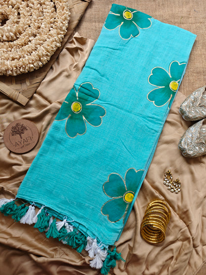 Aqua Hibiscus Hand-Painted Saree