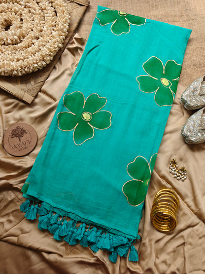 Teal Hibiscus Hand-Painted Saree