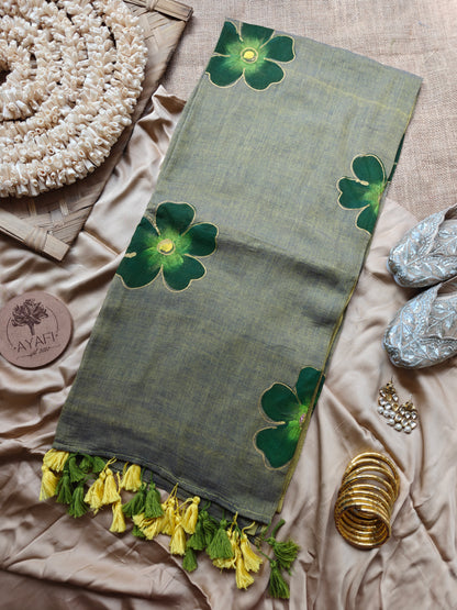 Mossy Hibiscus Hand-Painted Saree