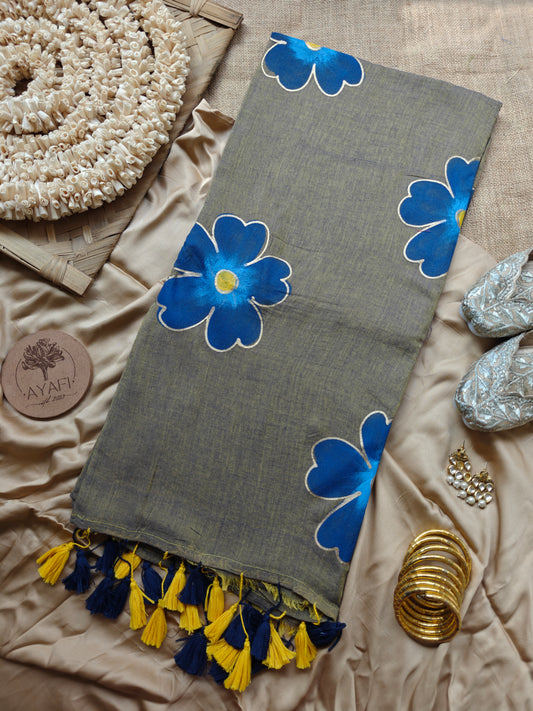 Ginger Hibiscus Hand-Painted Saree