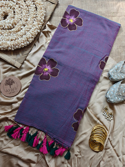 Smoked Orchid Hibiscus Hand-Painted Saree