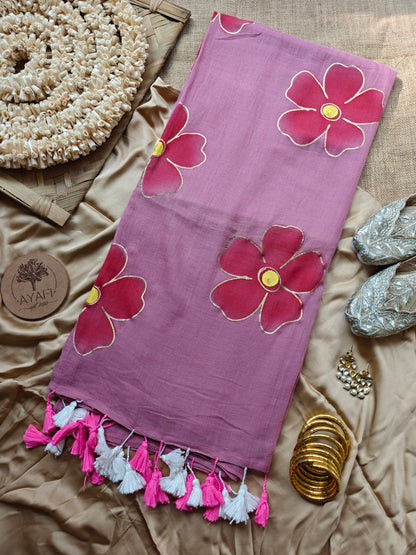 Dusty Pink Hibiscus Hand-Painted Saree