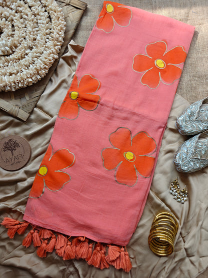 Melon Hibiscus Hand-Painted Saree