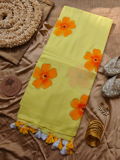Lemon Hibiscus Hand-Painted Saree