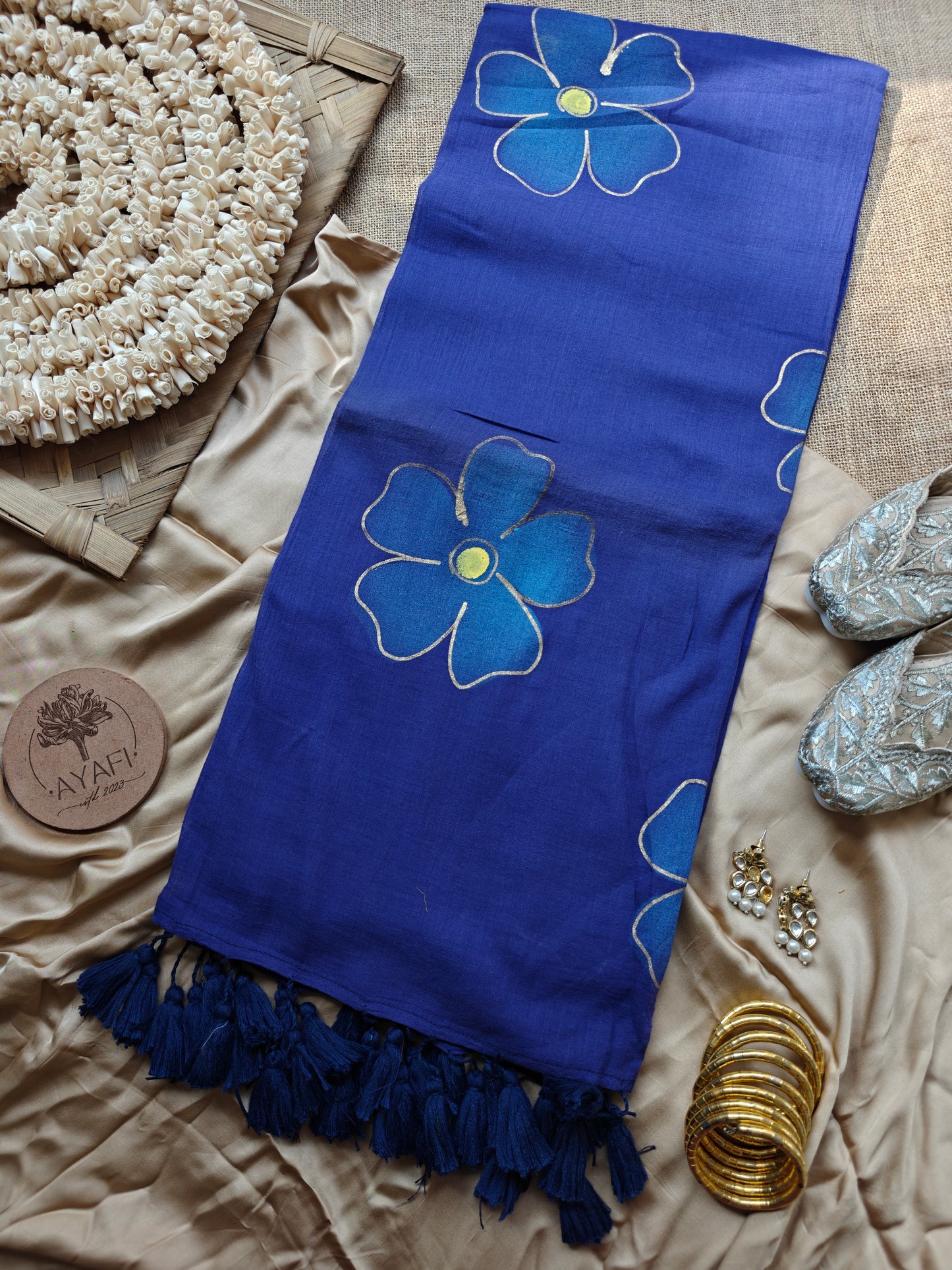 Midnight Blue Hibiscus Hand-Painted Saree