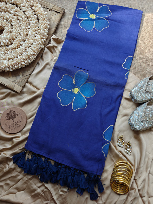 Midnight Blue Hibiscus Hand-Painted Saree