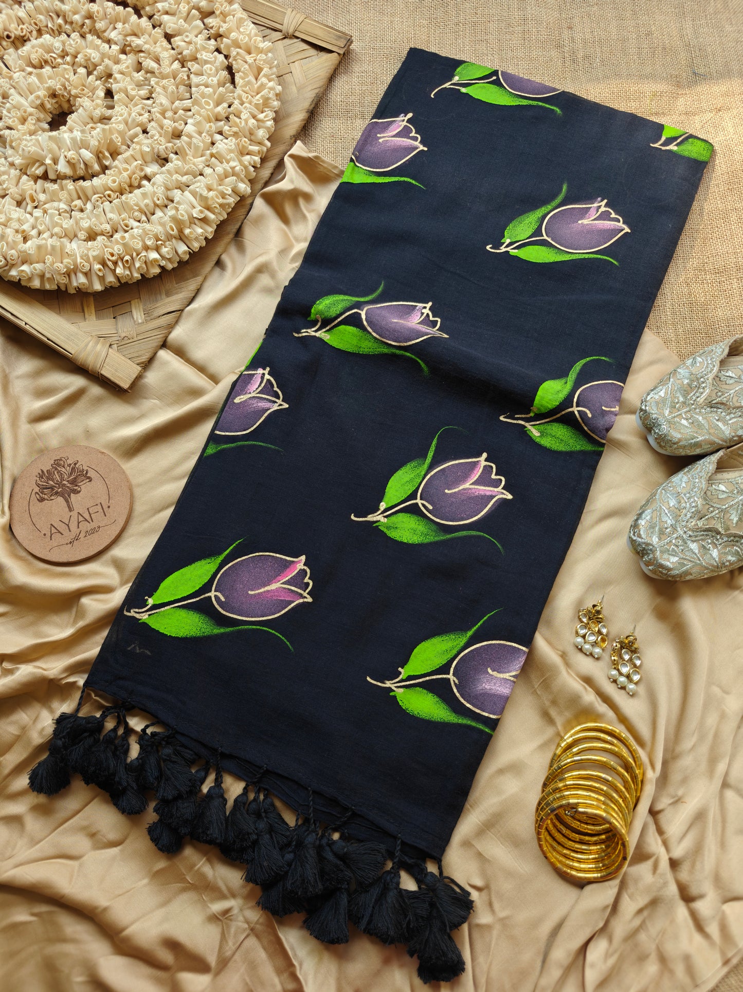 Noir Tulip Hand-Painted Saree