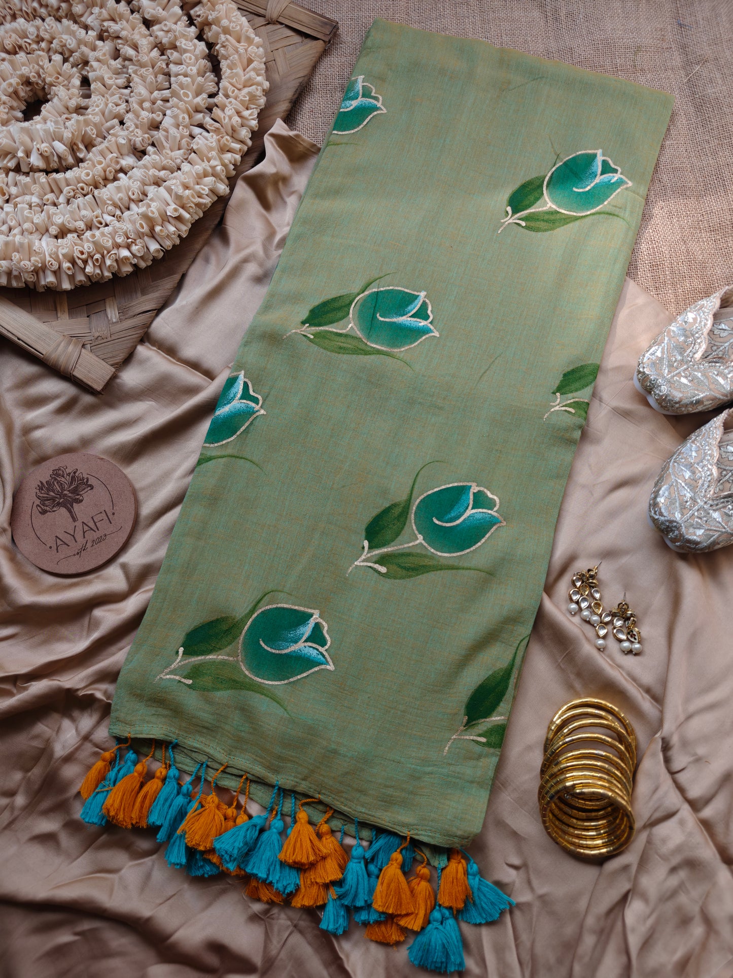 Mossy Tulip Hand-Painted Saree