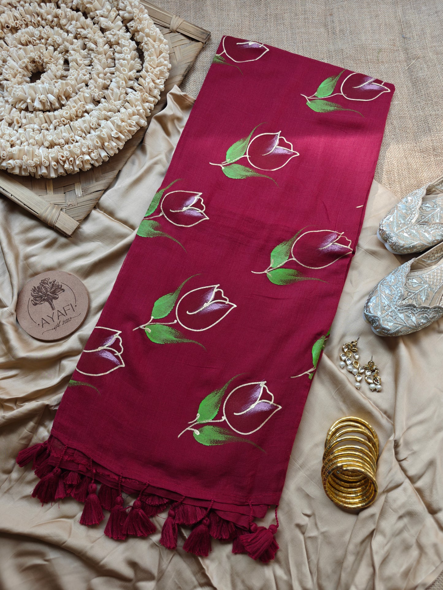 Carmine Tulip Hand-Painted Saree