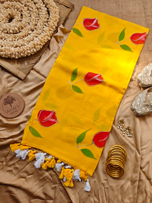 Mango Tulip Hand-Painted Saree