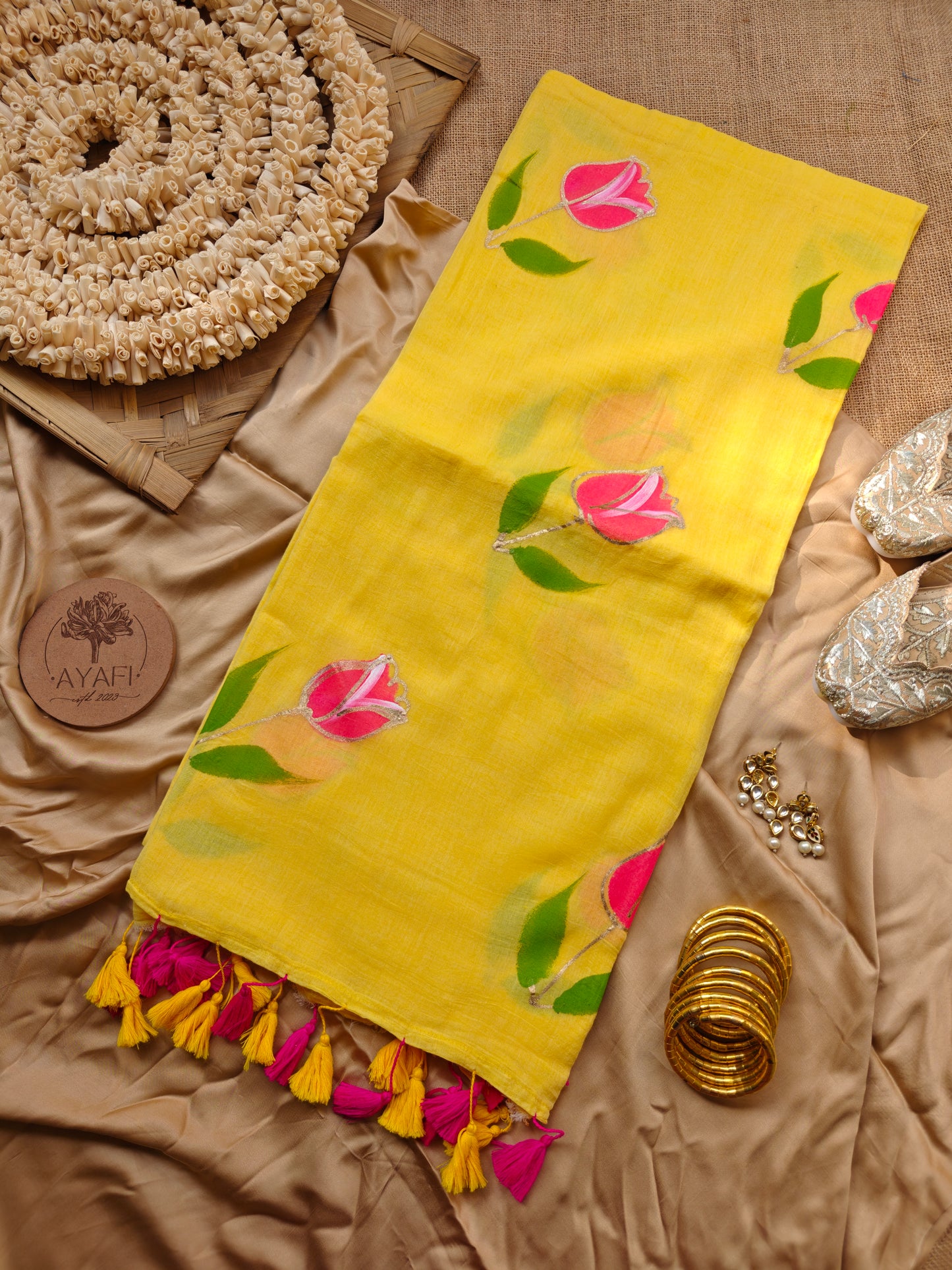Lemon Tulip Hand-Painted Saree