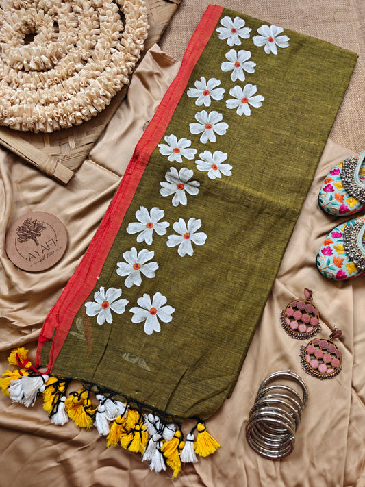Olive Jasmine Hand-Painted Saree