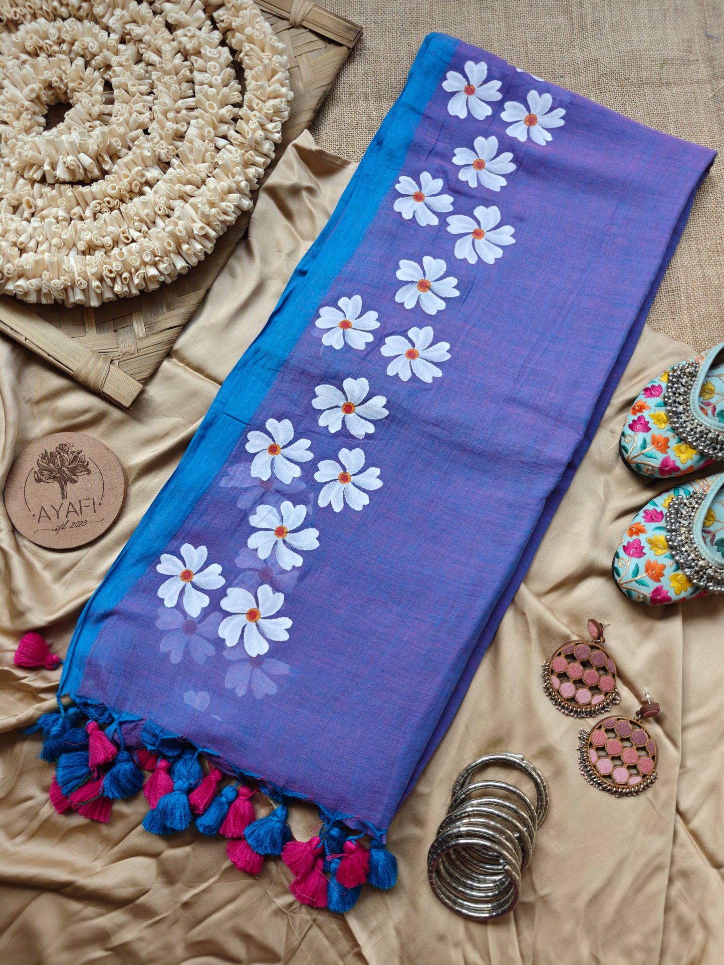 Soft Iris Jasmine Hand-Painted Saree