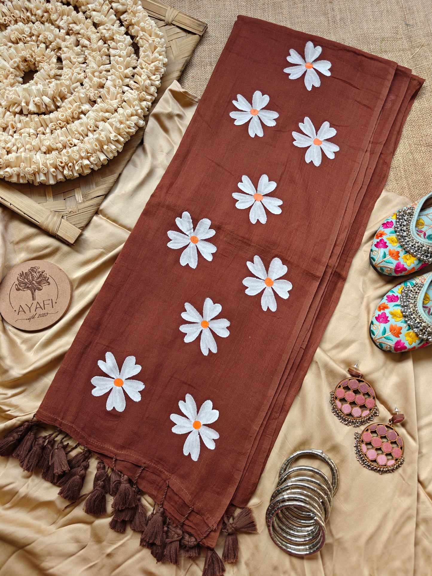 Brown Jasmine Hand-Painted Saree