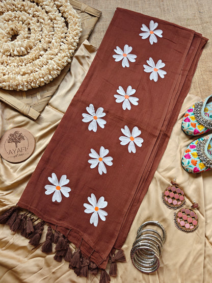 Brown Jasmine Hand-Painted Saree