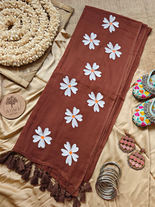 Brown Jasmine Hand-Painted Saree