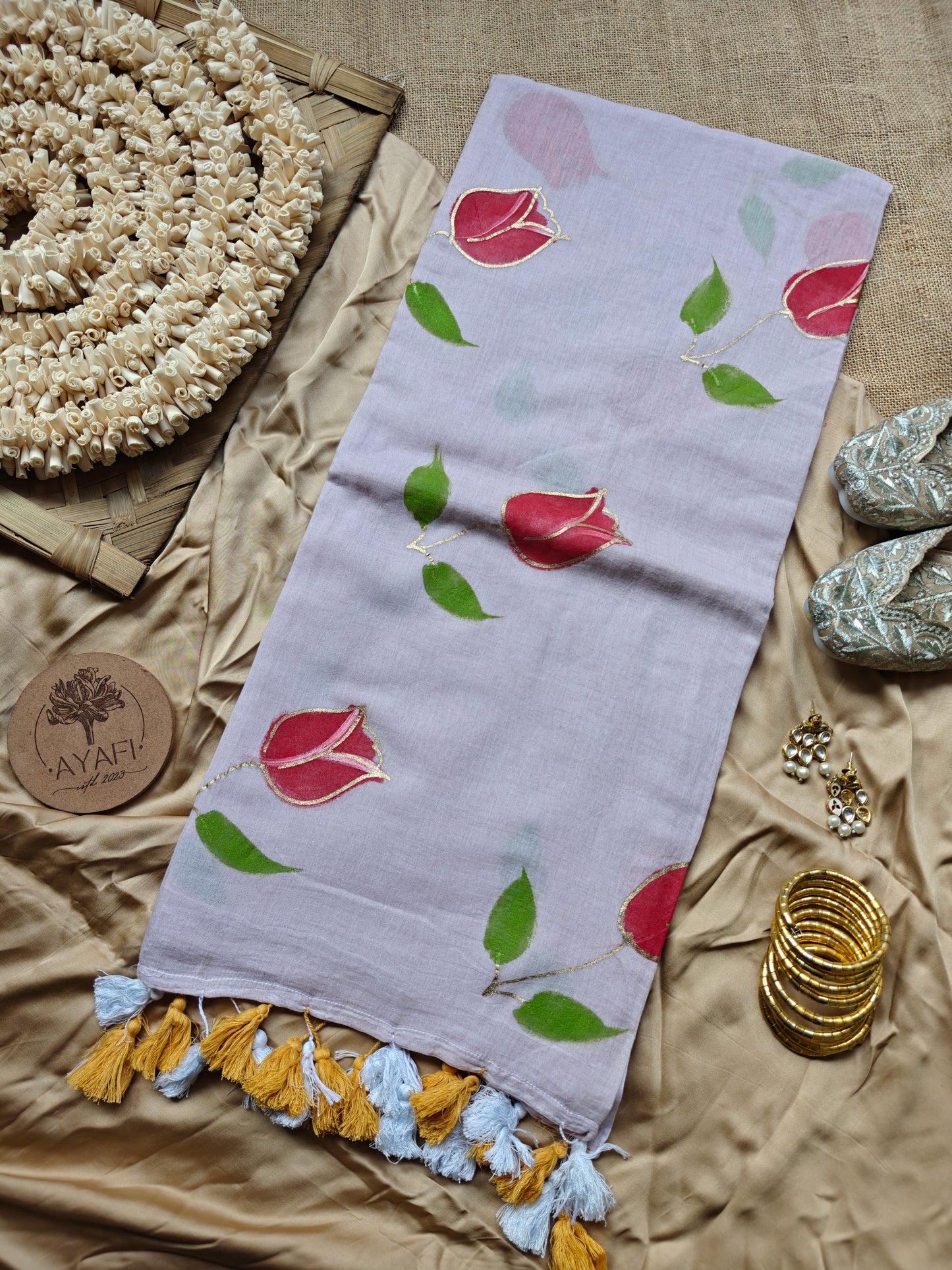 Taupe Tulip Hand-Painted Saree