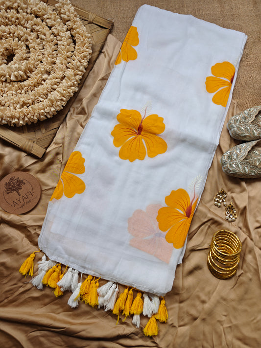Yellow Hibiscus Hand-Painted Saree