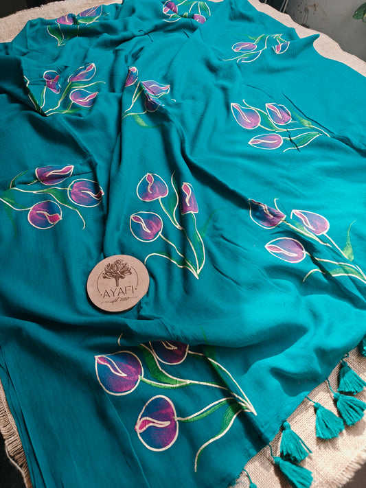 Teal Tulip Bouquet Hand-Painted Saree