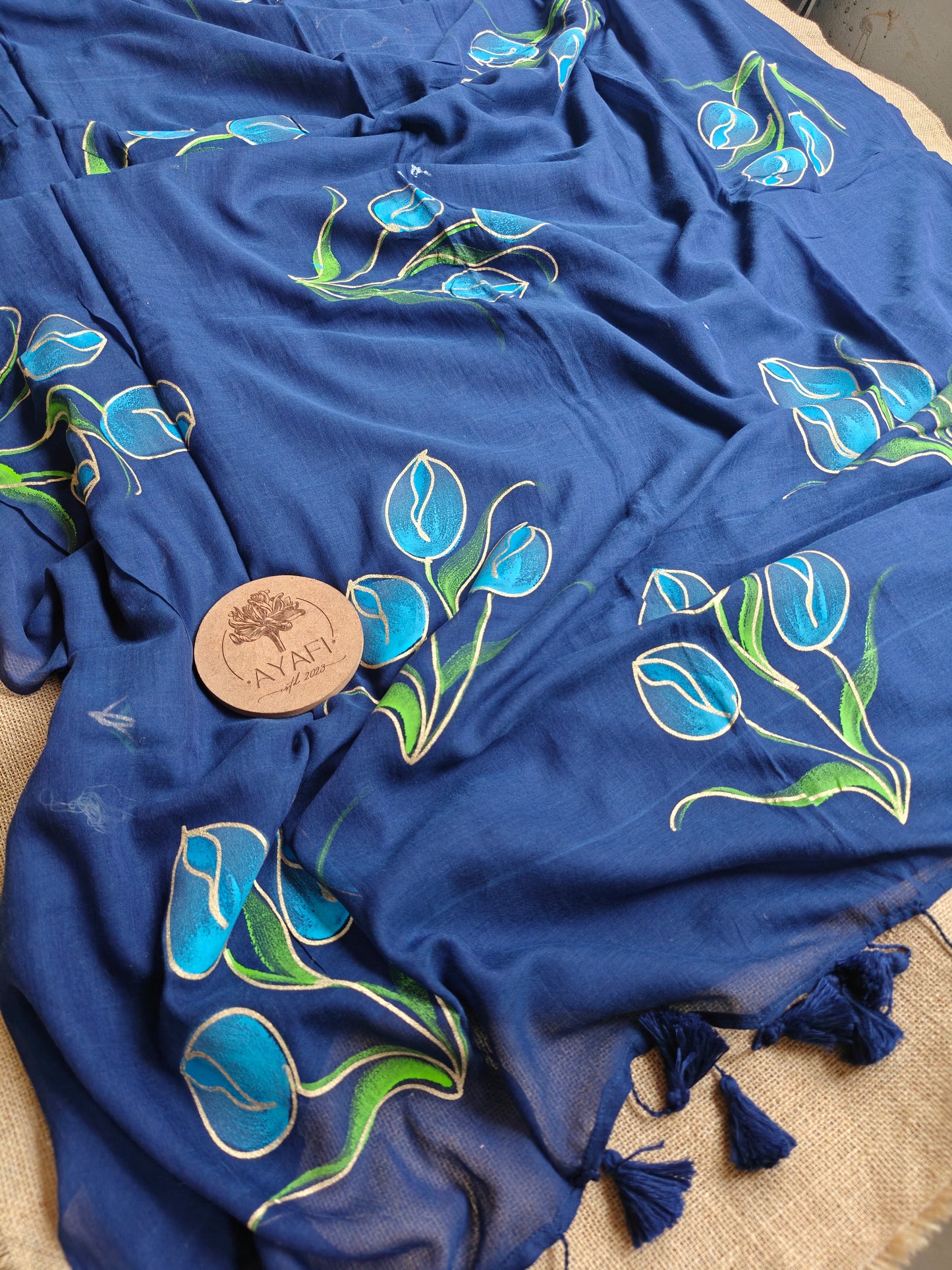 Royal Blue Tulip Bouquet Hand-Painted Saree