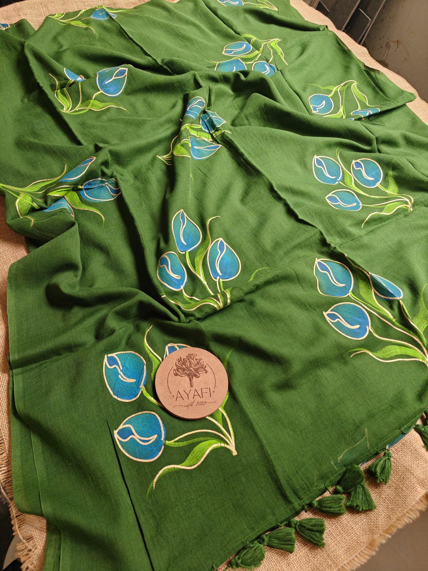 Olive Branch Tulip Bouquet Hand-Painted Saree
