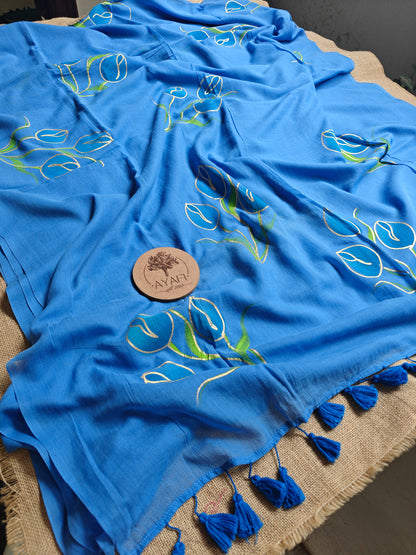 Denim Blue Tulip Bouquet Hand-Painted Saree