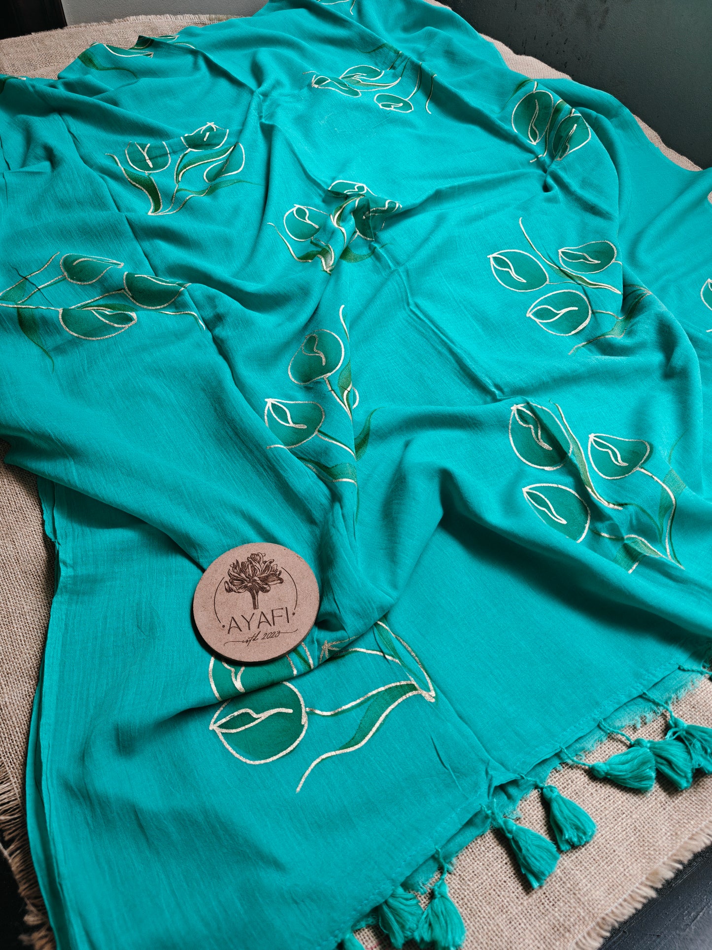 Aqua Tulip Bouquet Hand-Painted Saree