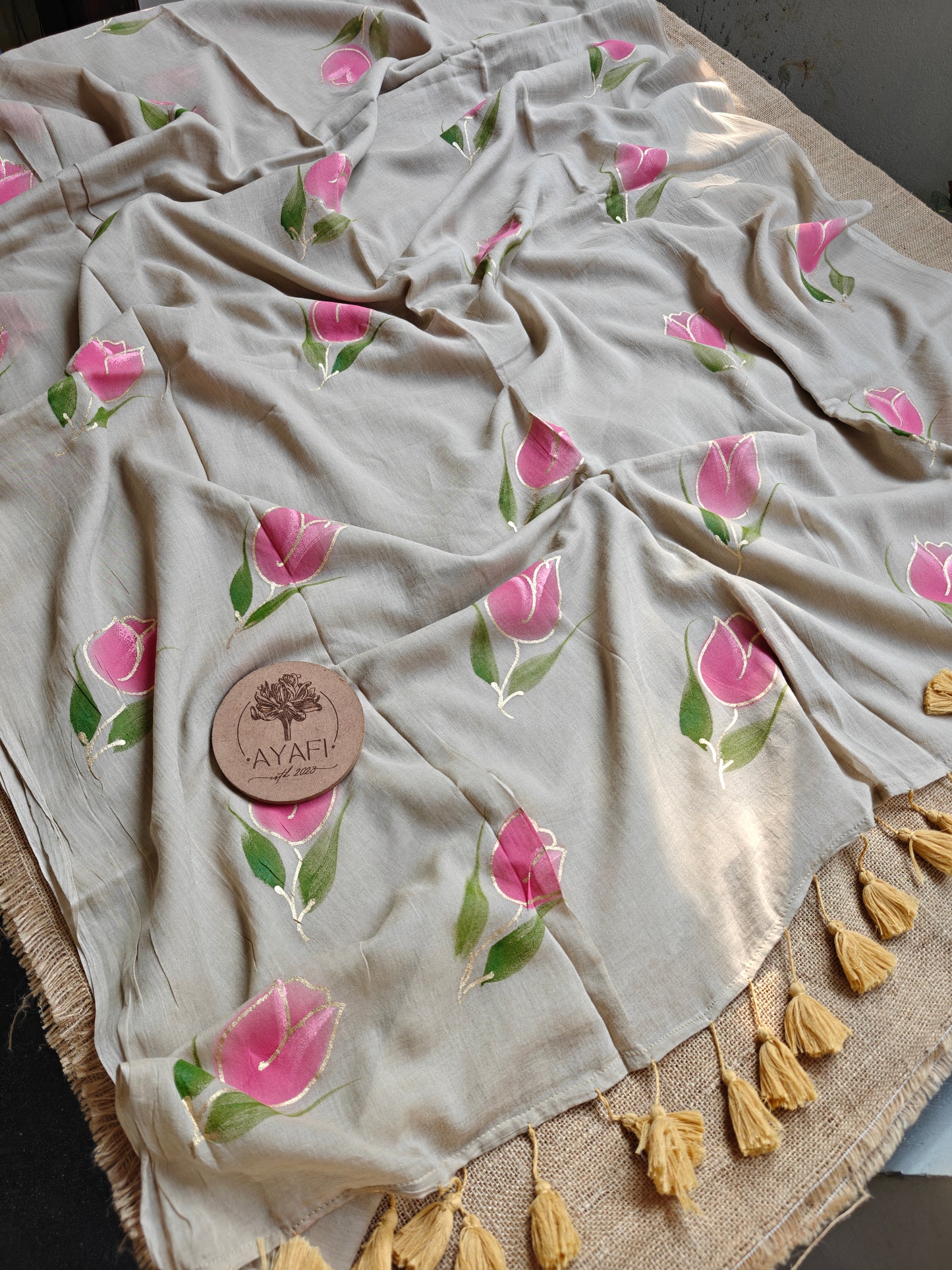 Light Tawny Tulip Hand-Painted Saree