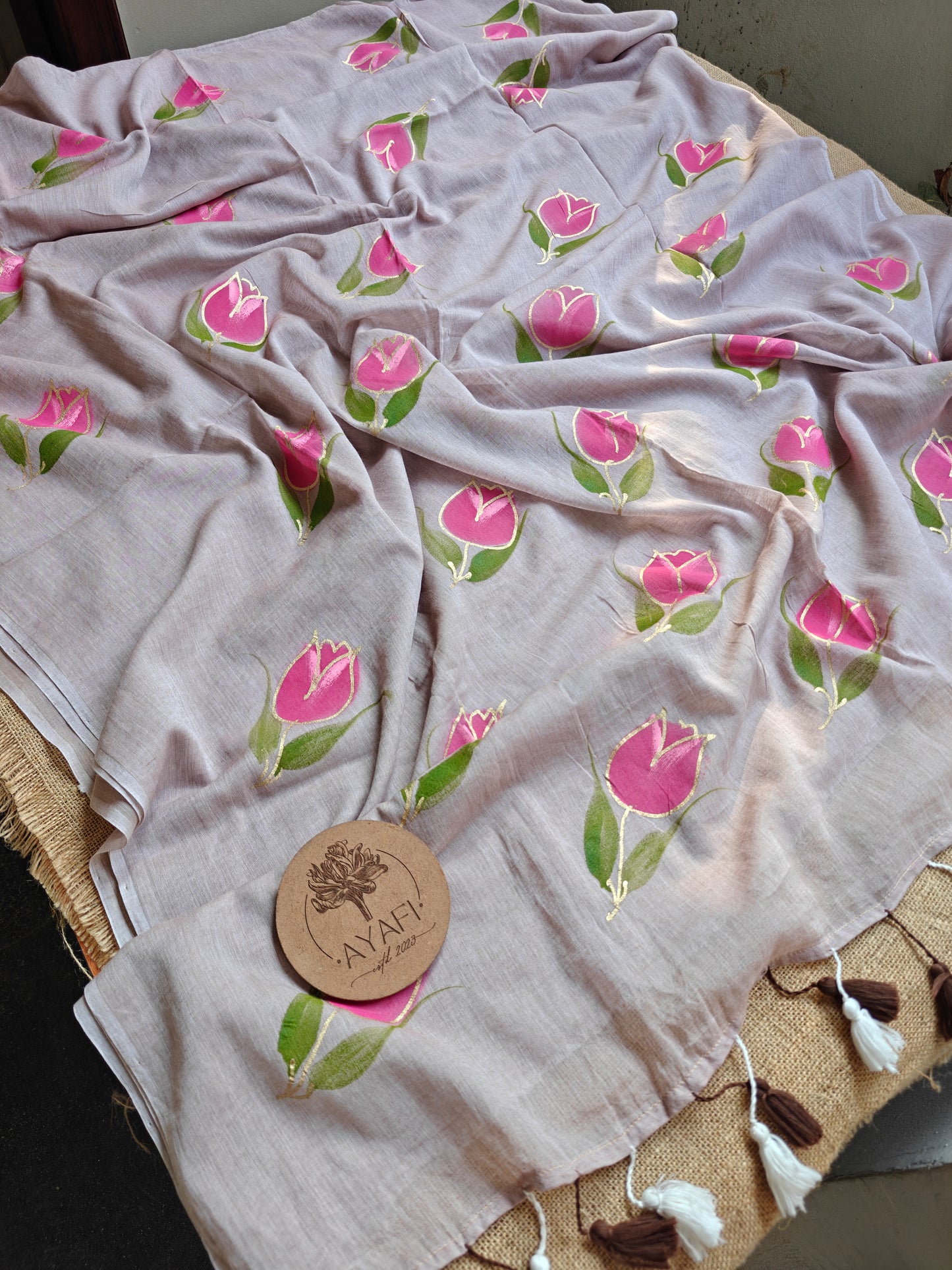 Deep Cinnamon Tulip Hand-Painted Saree