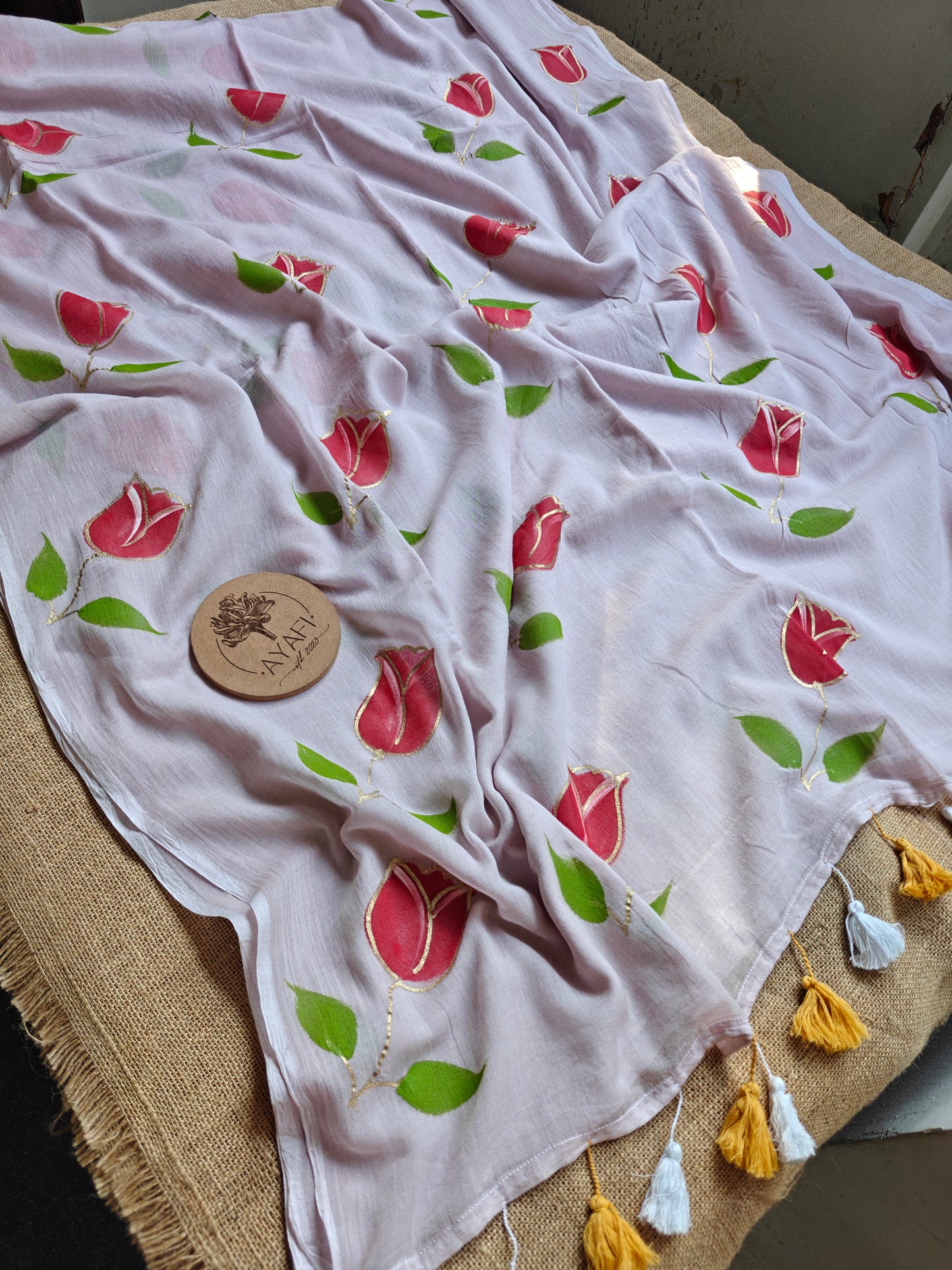 Taupe Tulip Hand-Painted Saree