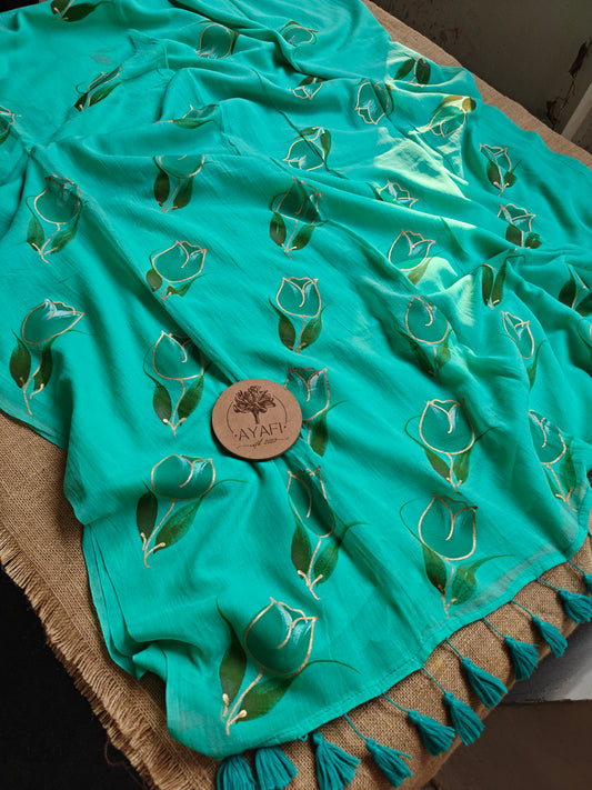 Aqua Tulip Hand-Painted Saree
