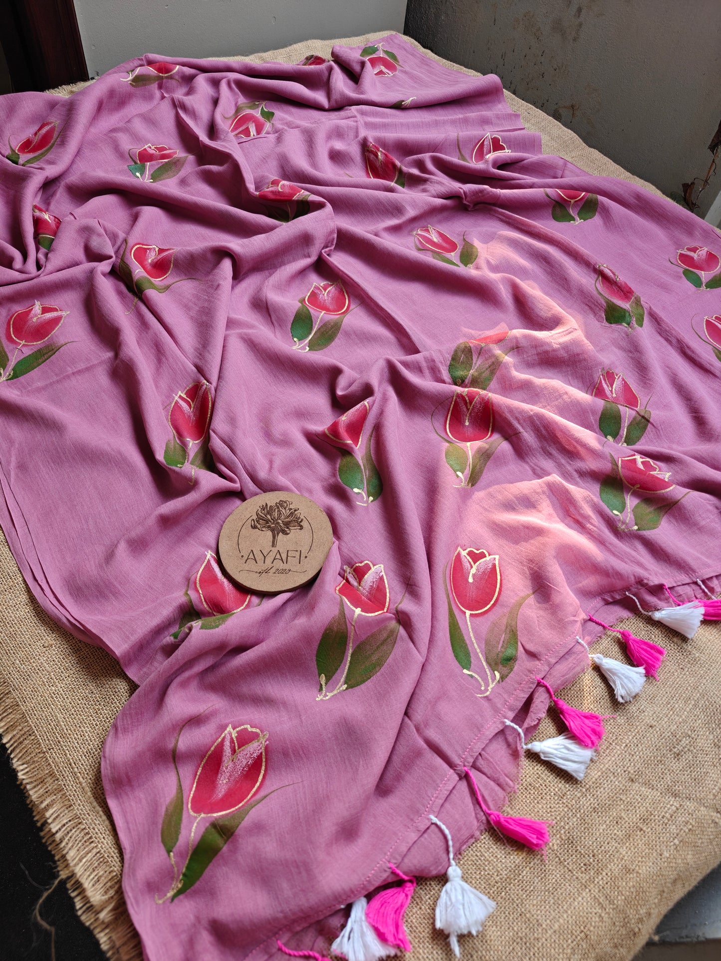 Mauve Tulip Hand-Painted Saree