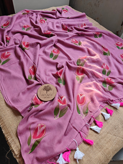 Mauve Tulip Hand-Painted Saree