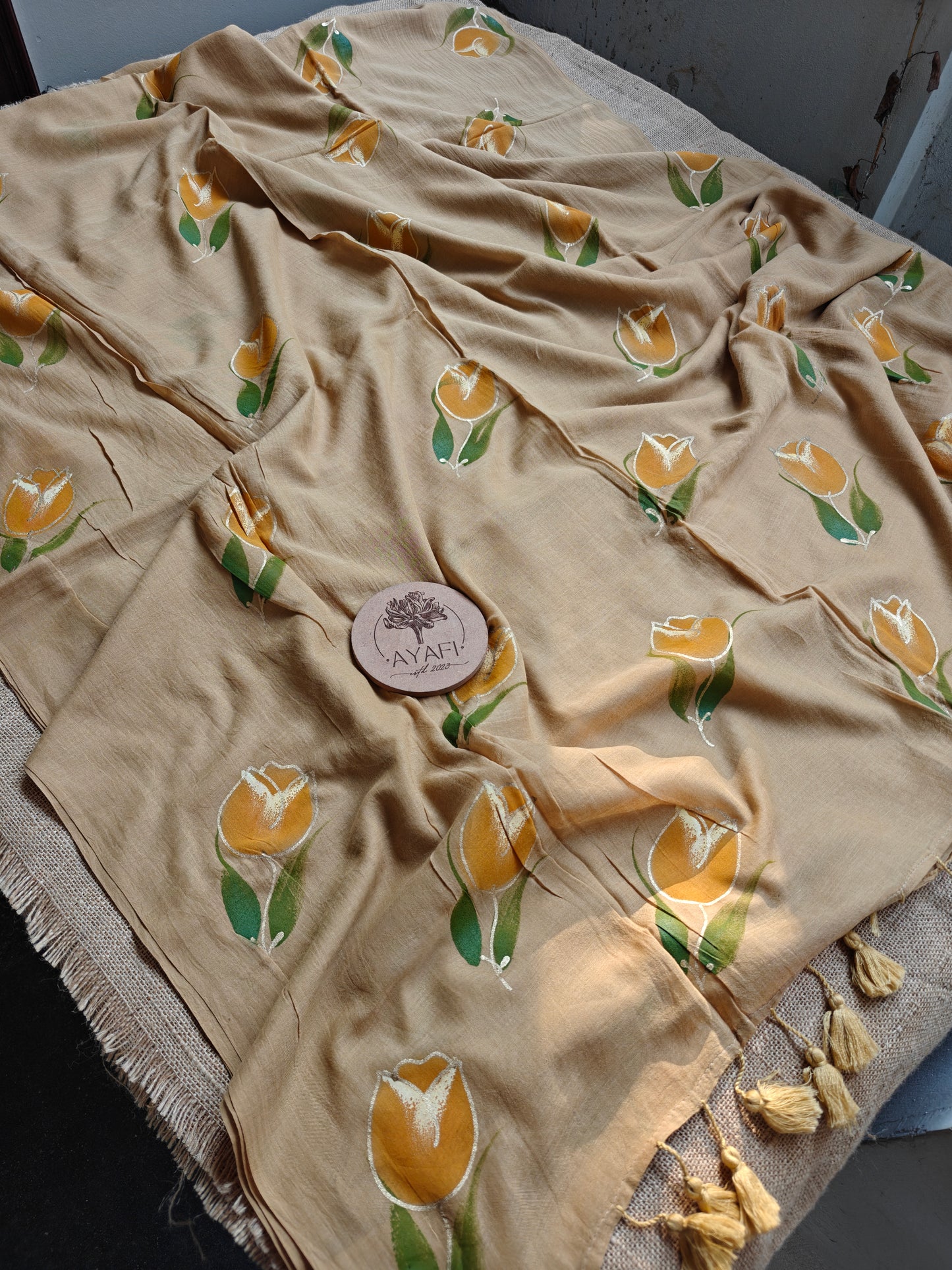 Biscuit Yellow Tulip Hand-Painted Saree