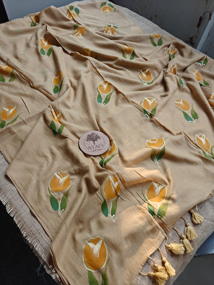 Biscuit Yellow Tulip Hand-Painted Saree