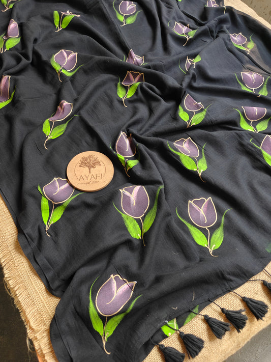 Noir Tulip Hand-Painted Saree