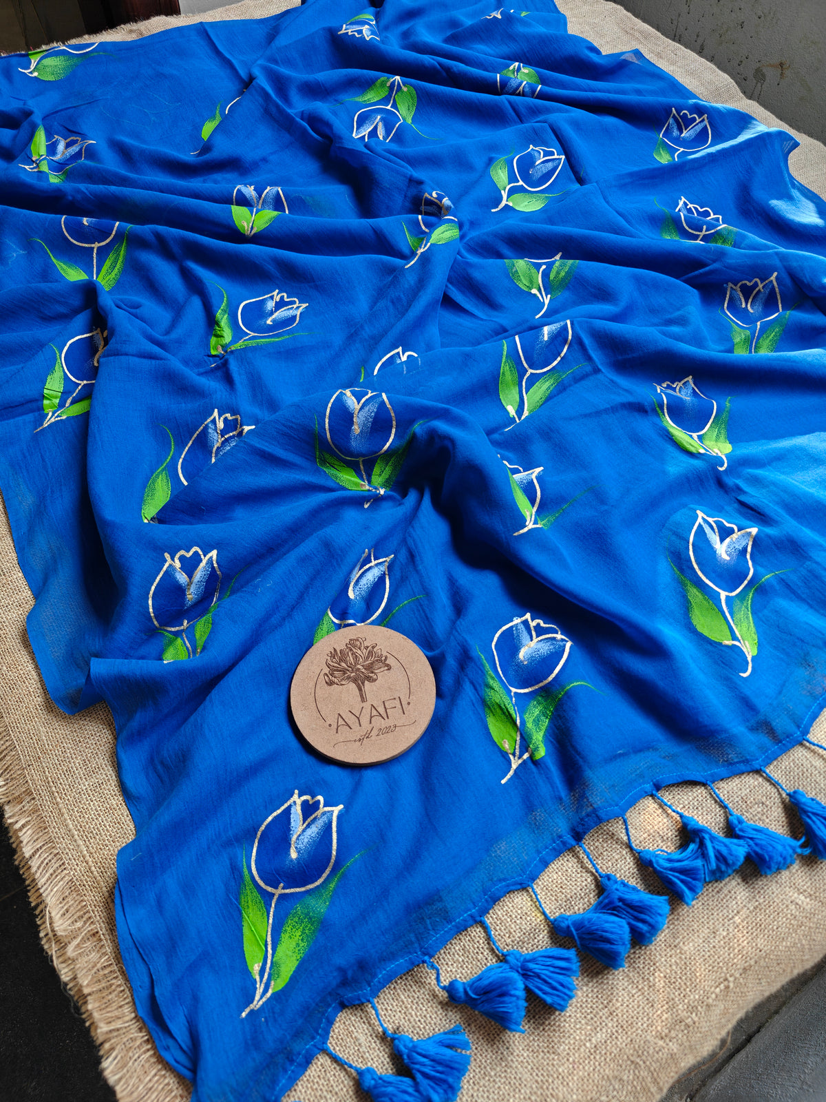 Midnight Blue Tulip Hand-Painted Saree