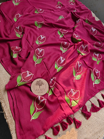 Carmine Tulip Hand-Painted Saree