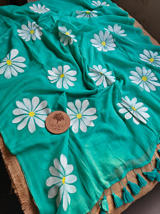Cyan Daisy Hand-Painted Saree