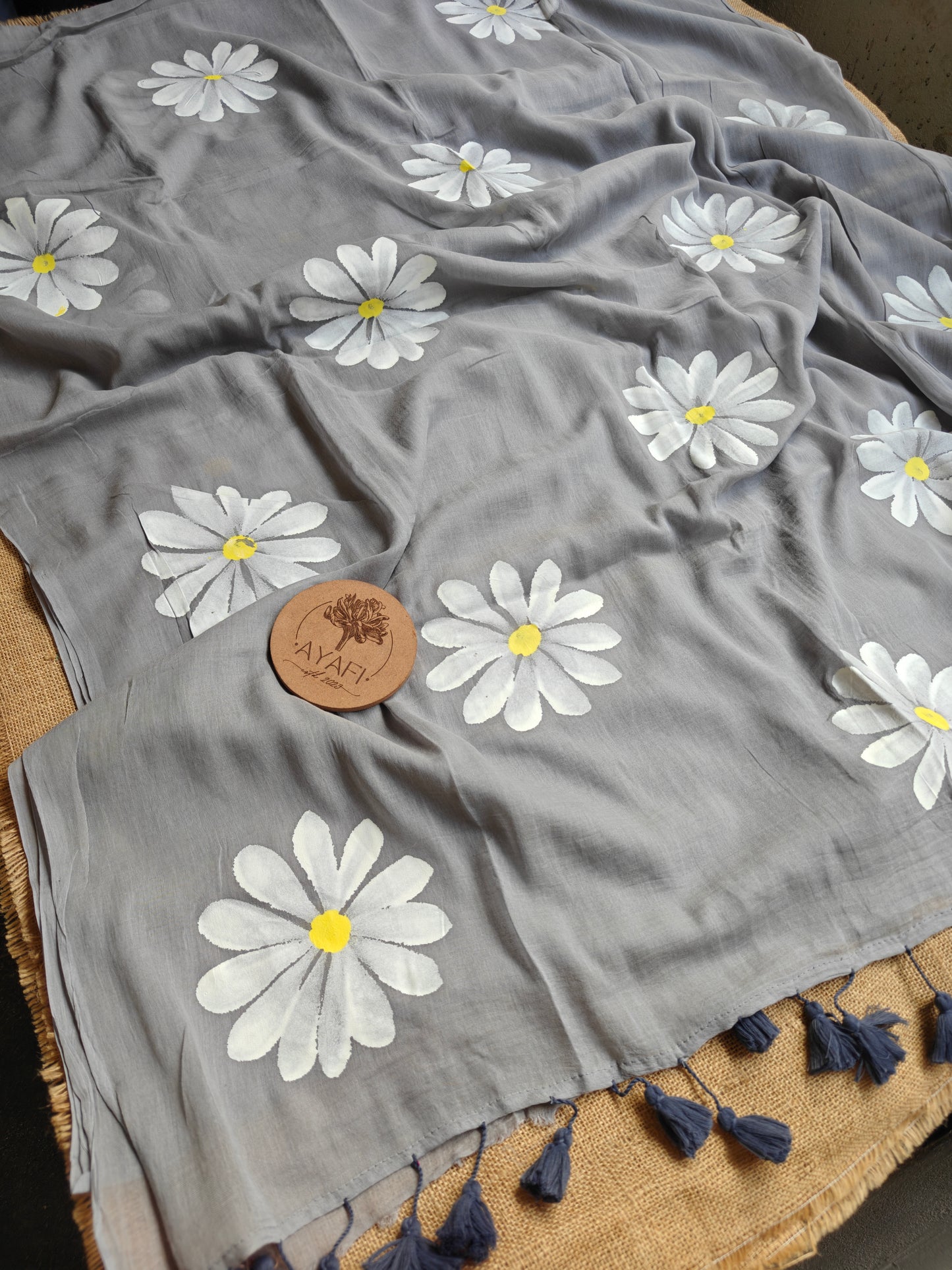 Ashen Daisy Hand-Painted Saree